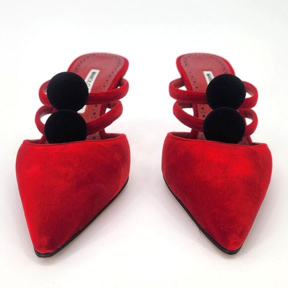 Manolo Blahnik Red Velvet Pom Pom Mule Heels 37.5 (US 6.5-7) - Picture 10 of 15